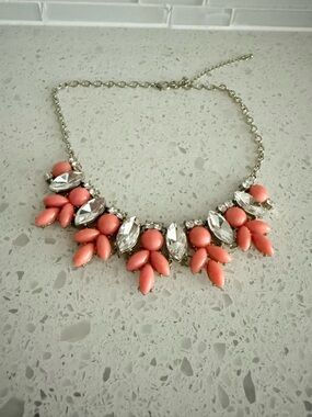 Silver Chain Coral Pink Statement Necklace with Clear Crystals